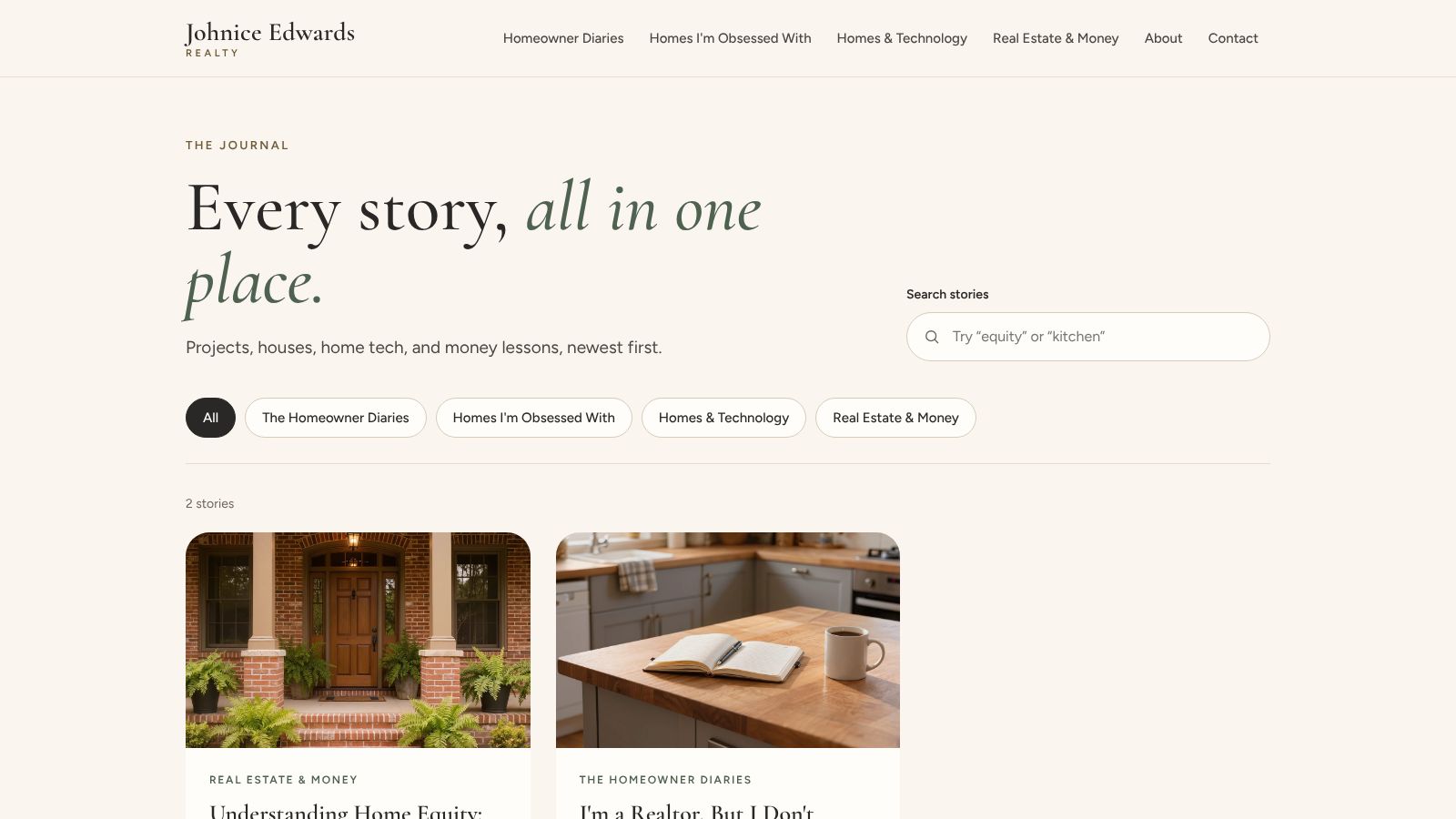 The Johnice Edwards Realty journal page with search box and category filter buttons