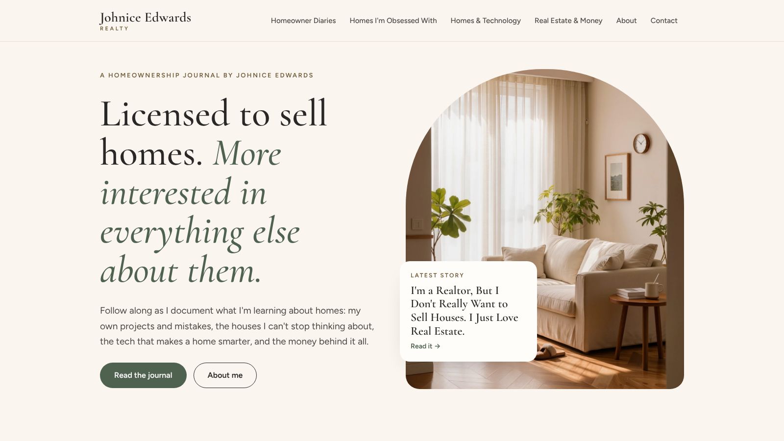 The Johnice Edwards Realty home page with a warm ivory design, serif headline and a photo of a sunlit living room