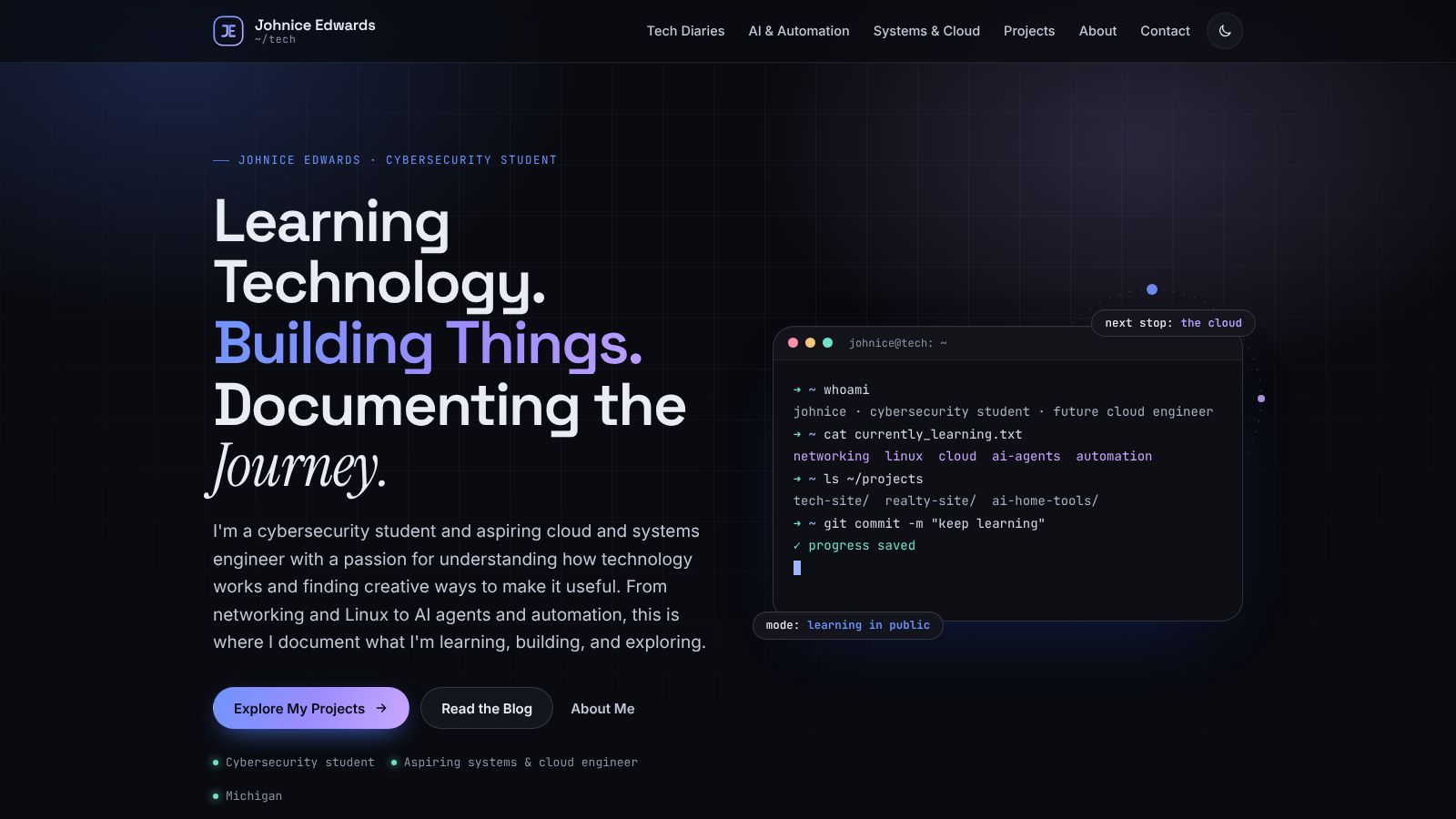 The Johnice Edwards Tech home page in its dark theme, with a large headline and a terminal graphic